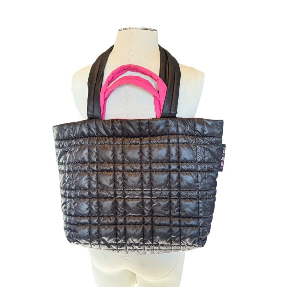 KATE SPADE puffer bag in black and hot pink work gym travel shopping EUC